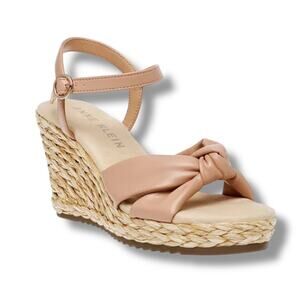 ANNE KLEIN Wintour Espadrille Platform Wedge Sandal Sz 6.5 Raffia Faux Leather